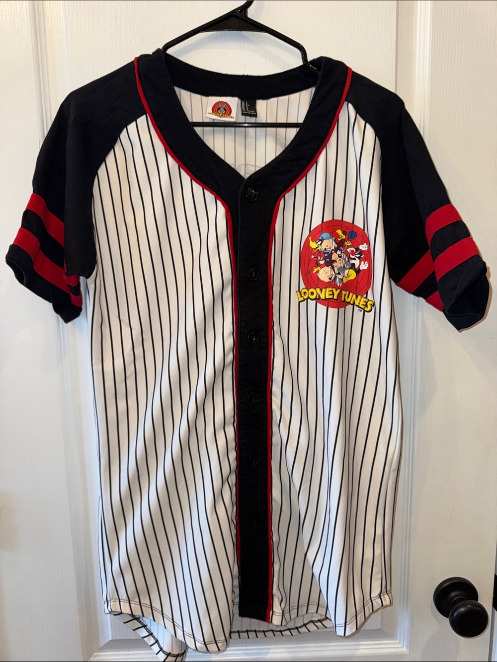 Looney Tunes Men’s Pinstripe Baseball Jersey - White with Black & Red